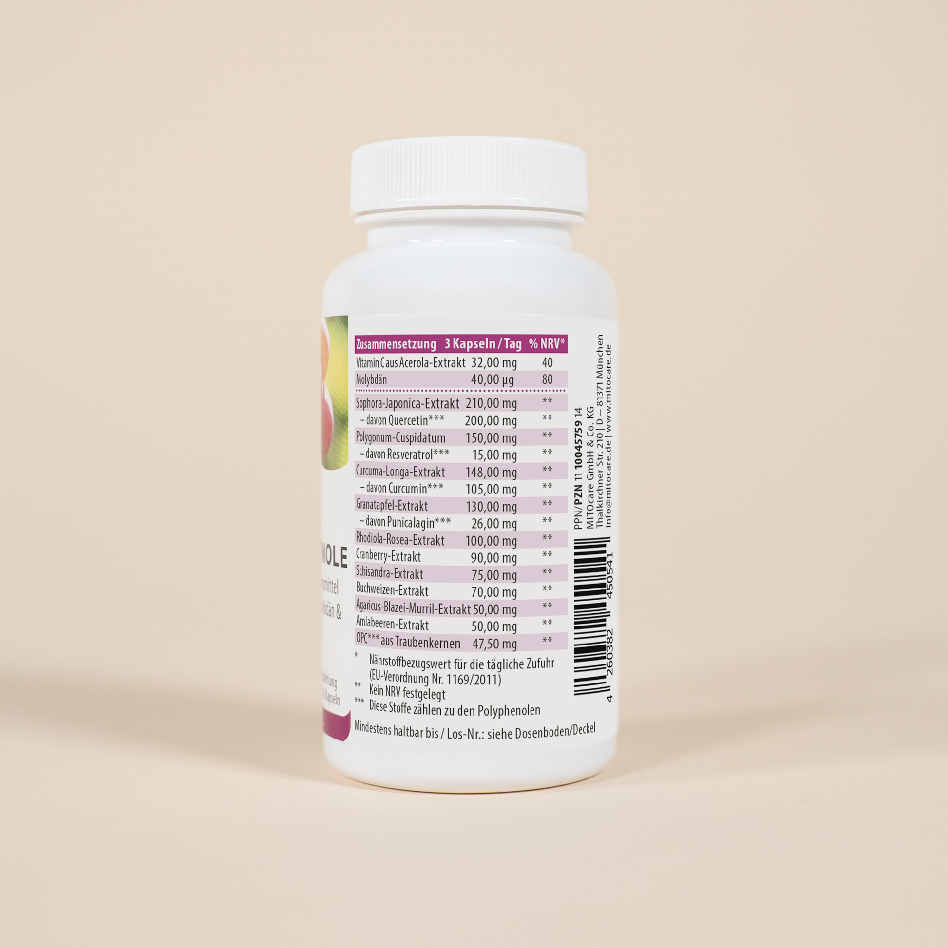 MITOcare Polyphenole Produktfoto Inhaltsstoffe Tabelle