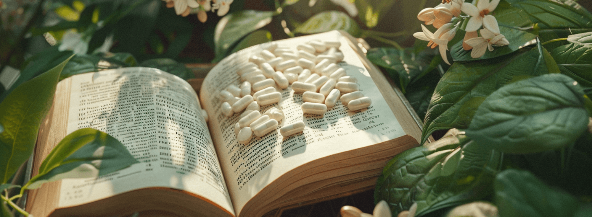 Book between plants with supplement capsules