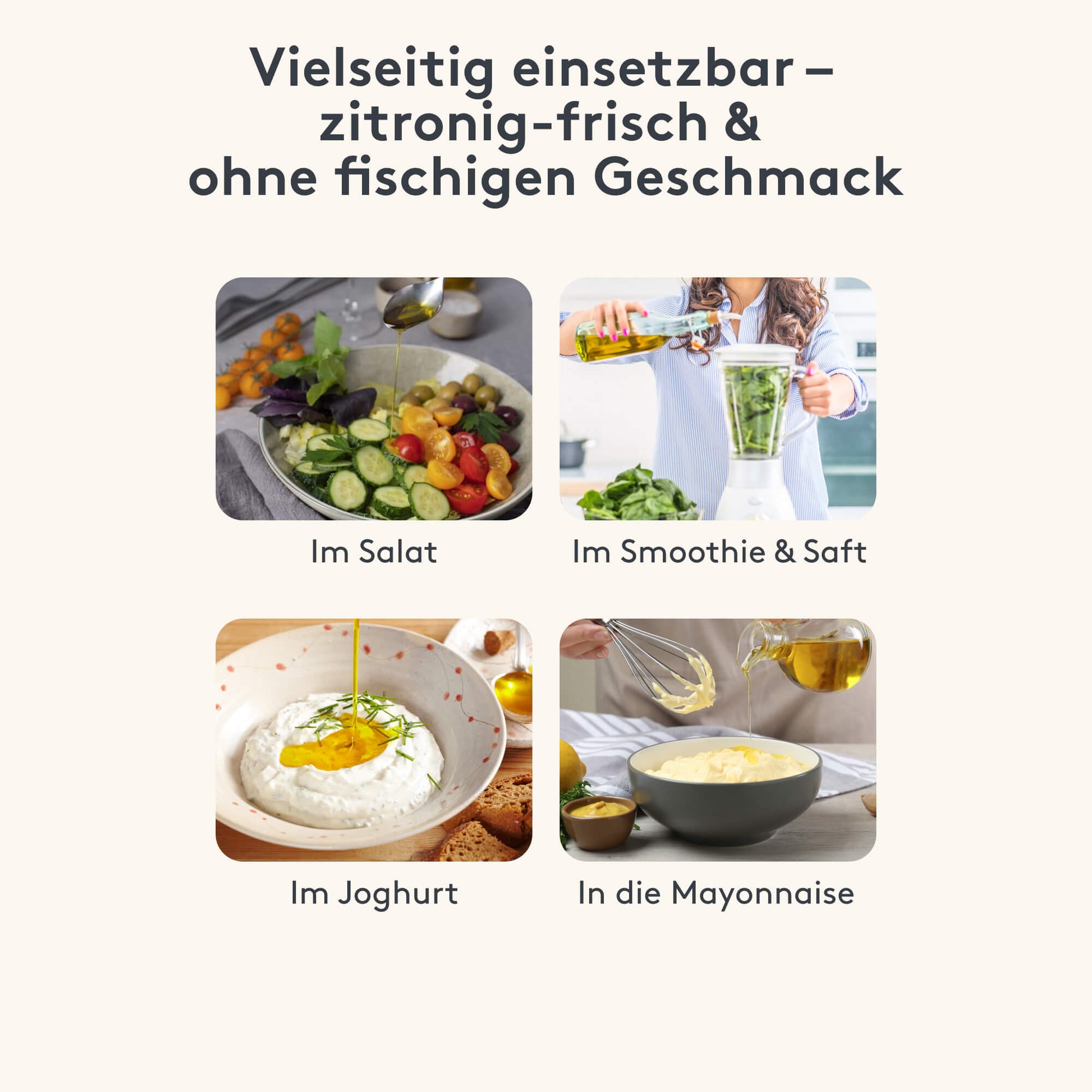 Infografik vielseitig einsetzbar Omega 3 Öl im Salat, Smoothie, Joghurt oder Mayonnaise