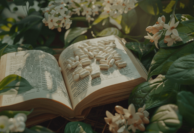 Book between plants with supplement capsules