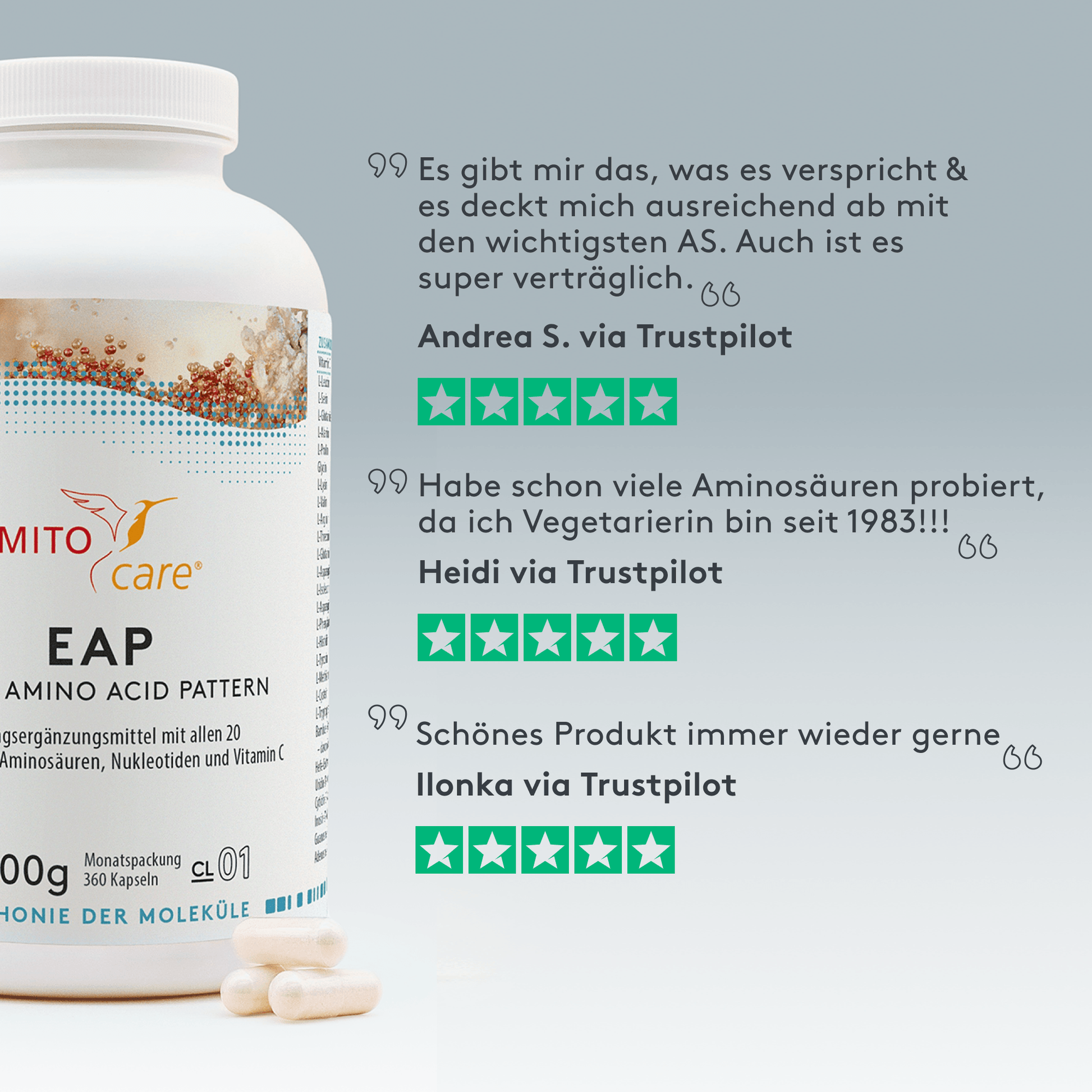 Trustpilot Bewertungszitate zum Produkt EAP - Produkt ansicht von vorne neben text
