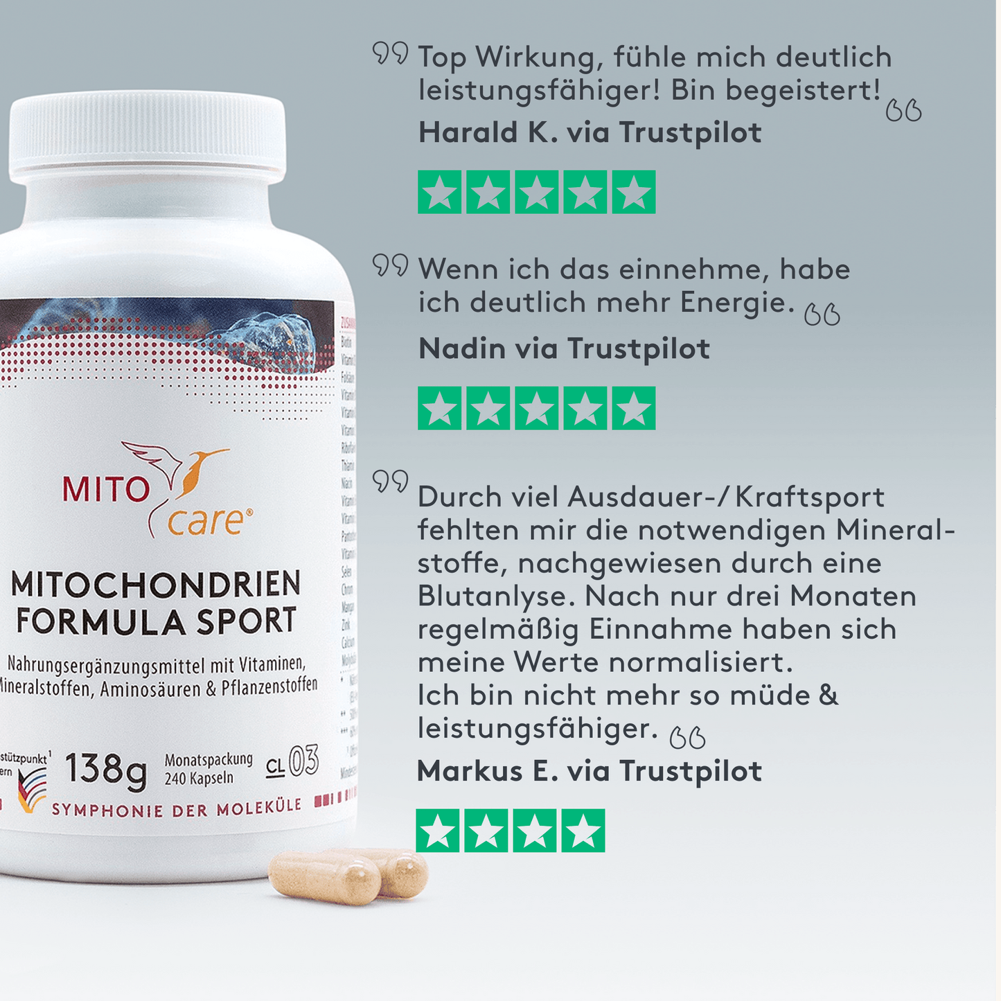 Trustpilot Bewertungszitate zum Produkt Mitochondrien Formula Sport - Produkt ansicht von vorne neben text