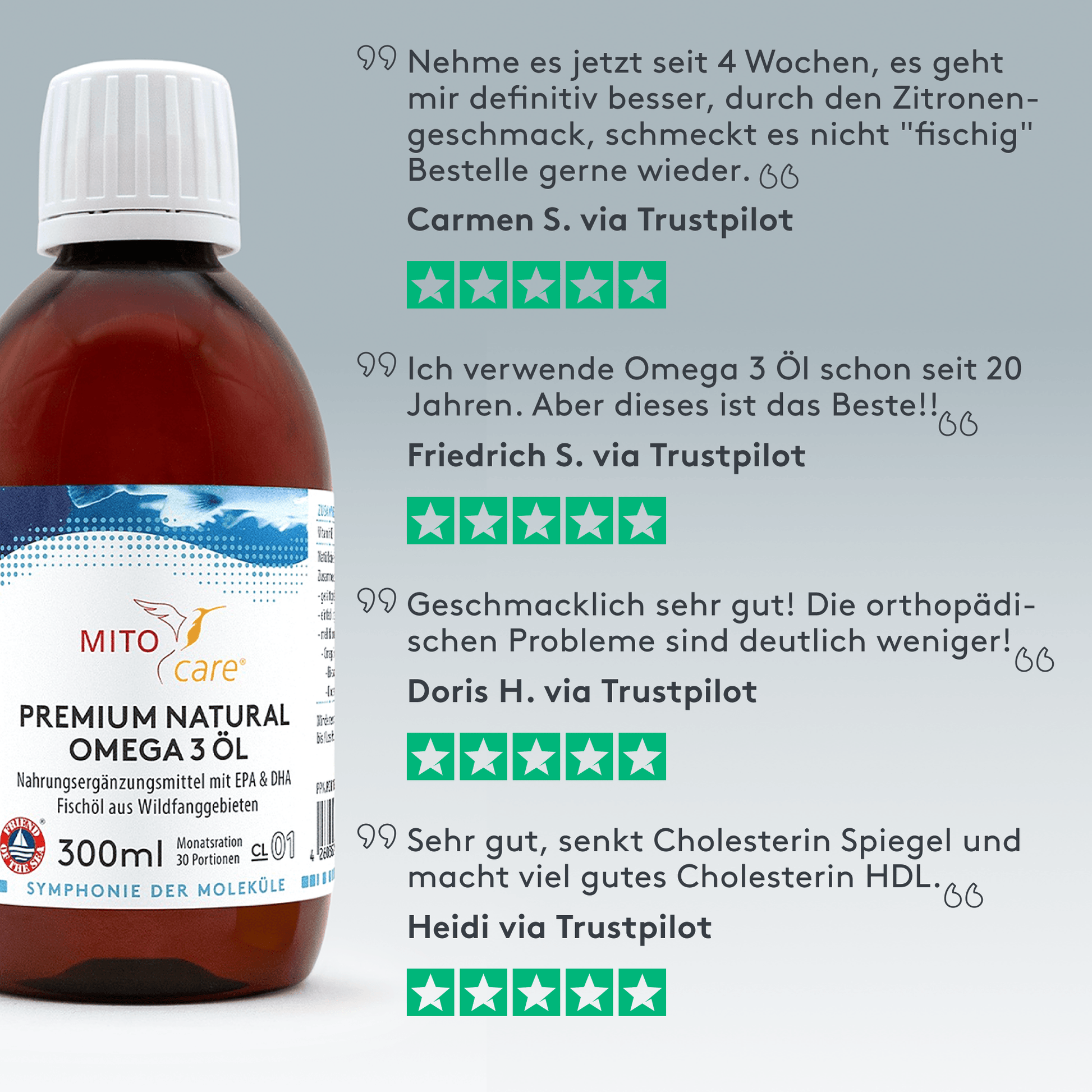 Trustpilot Bewertungszitate zum Produkt Premium Natural Omega 3 Öl - Produkt ansicht von vorne neben text