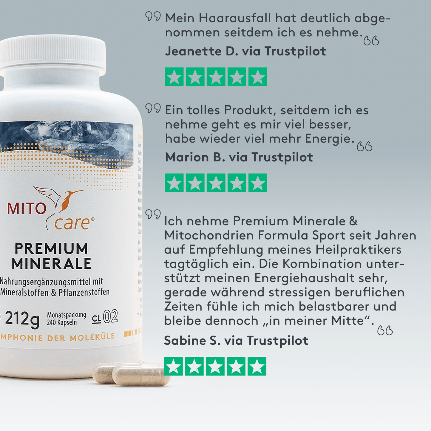 Trustpilot Bewertungszitate zum Produkt Premium Minerale - Produkt ansicht von vorne neben text