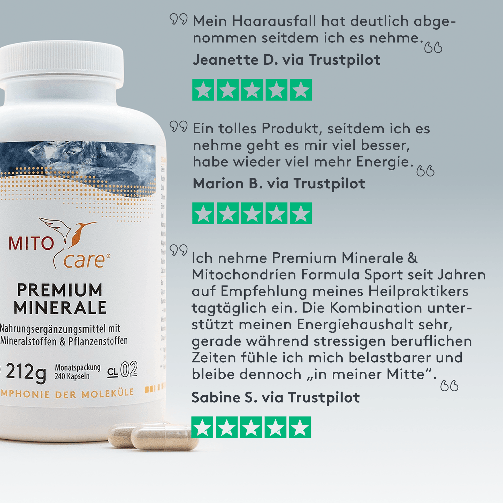 Trustpilot Bewertungszitate zum Produkt Premium Minerale - Produkt ansicht von vorne neben text