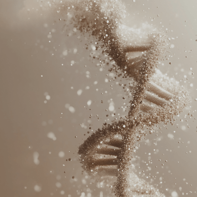 dna strang mit herumliegenden teilchen auf beibgem hintergrund